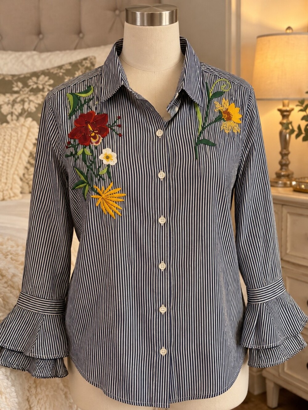 14th & Union Navy Blue & White Striped Floral Embroidered Button-Up Shirt SZ XL